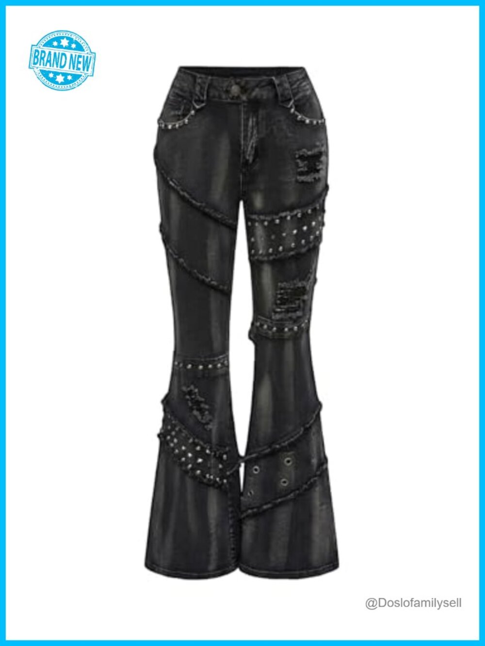 Women's Y2K Rivet Flare Jeans Grunge Punk Ripped Bell Bottom Denim Pants
